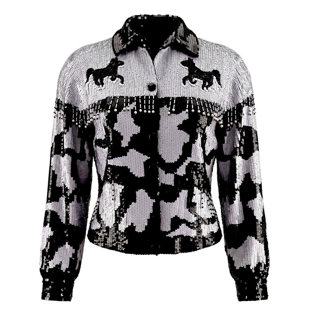 Vintage MODI Black White Silk Sequin Horse Western Fringe Art to Wear Jacket XL